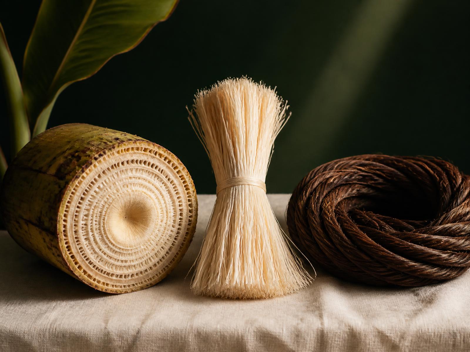 Banana pseudostem cross-section, cleaned natural fibre and finished plant-based braiding hair fibre